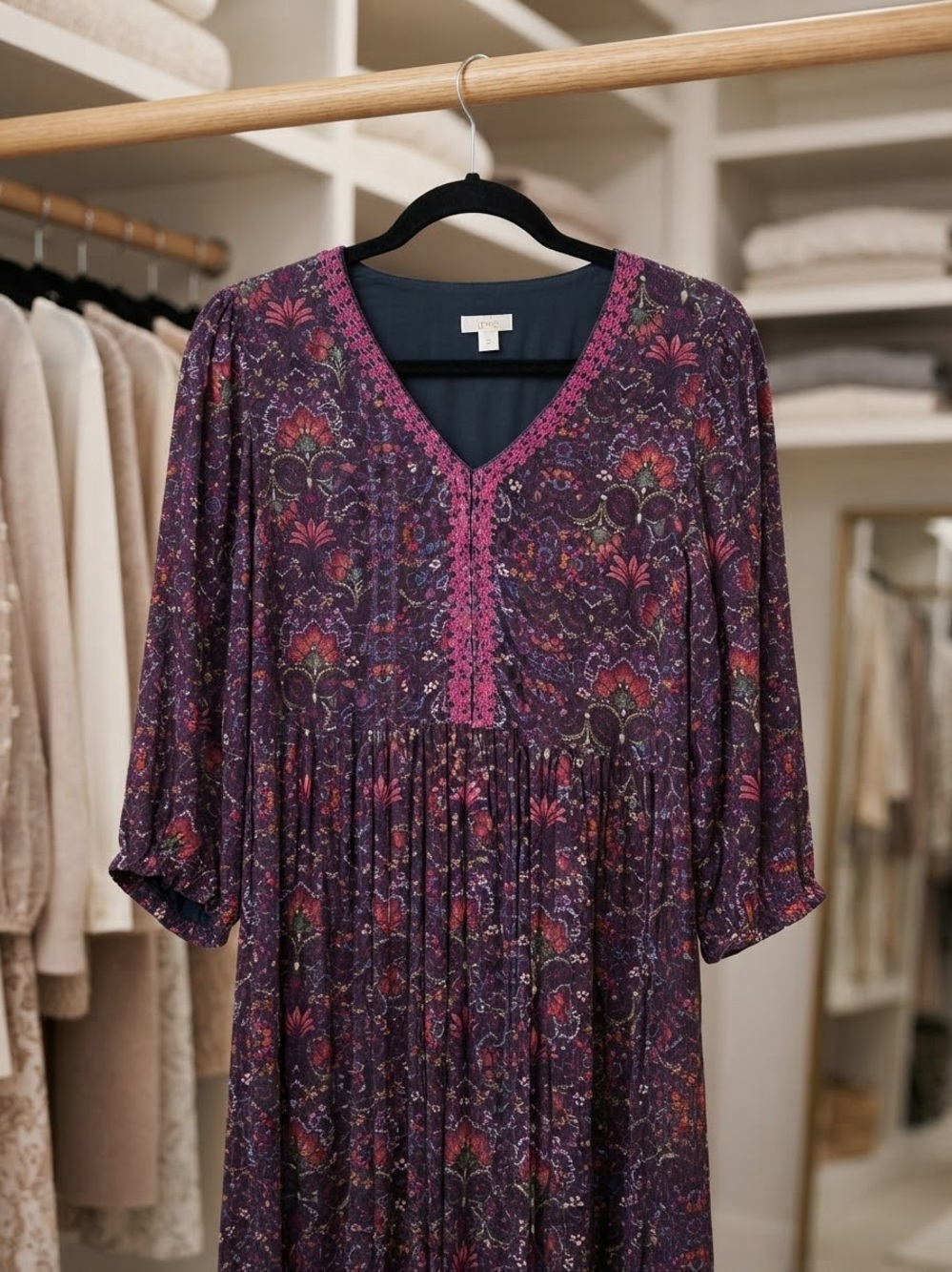 J.Jill Boho V-Neck Floral Midi Dress - Purple Pink